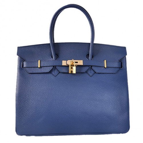 Hermes Birkin 35CM Tote Bolsas Togo Cuero Azul Oscuro Dorado