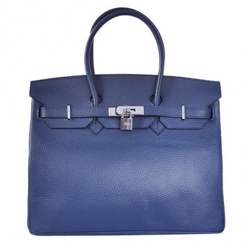Hermes Birkin 35CM Tote Bolsas Togo Cuero Azul Oscuro Plata