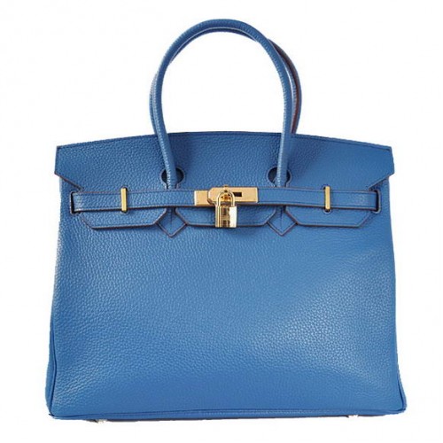 Hermes Birkin 35CM Tote Bolsas Togo Cuero Mid Azul Dorado