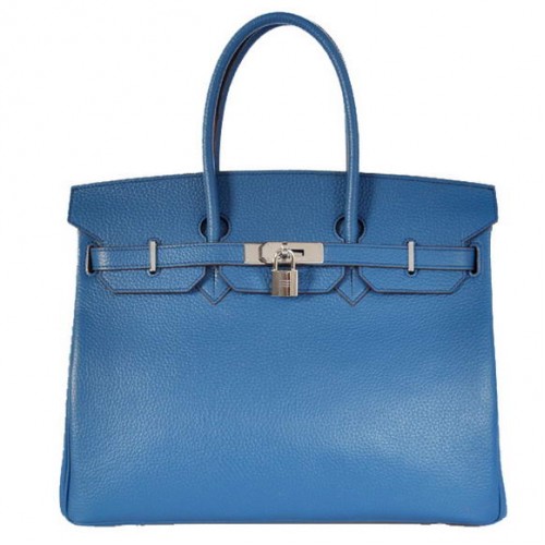 Hermes Birkin 35CM Tote Bolsas Togo Cuero Mid Azul Plata