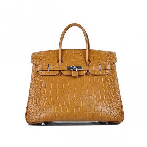 El más nuevo 2012 Hermes Birkin 35CM Light Coffee Croco Leather Tote Bag Plata