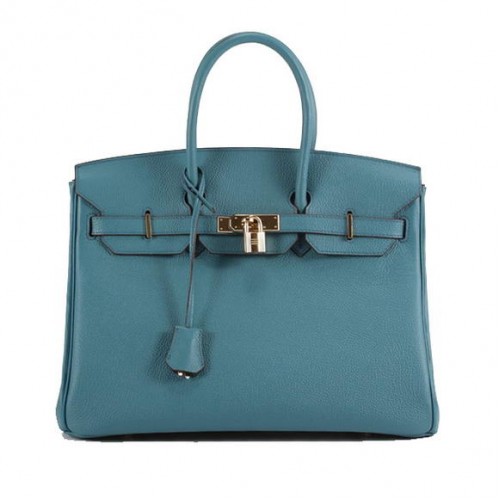 Hermes Birkin 35CM Bolso de cuero liso 6089 Azul Dorado