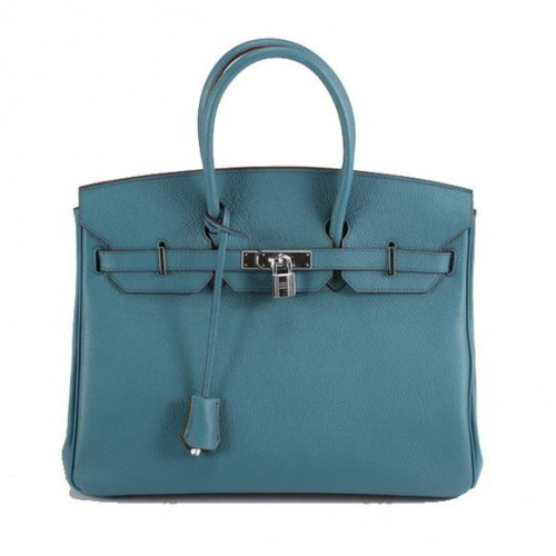 Hermes Birkin 35CM Bolso de cuero liso 6089 Azul Plata