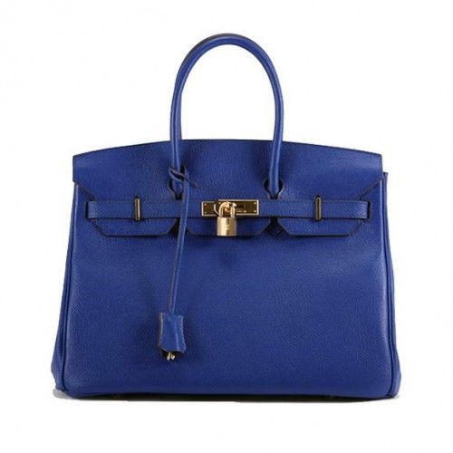 Hermes Birkin 35CM bolso de cuero liso 6089 azul oscuro dorado