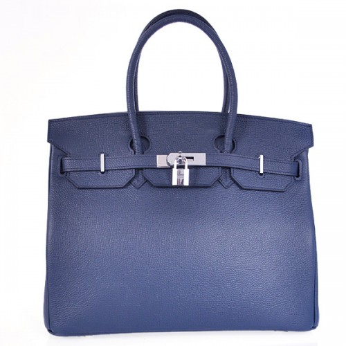 Hermes Birkin 35CM Bolso de cuero liso 6089 Azul oscuro Plata