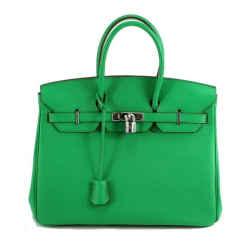 Hermes Birkin 35CM Bolso de cuero liso 6089 Verde oscuro Plata