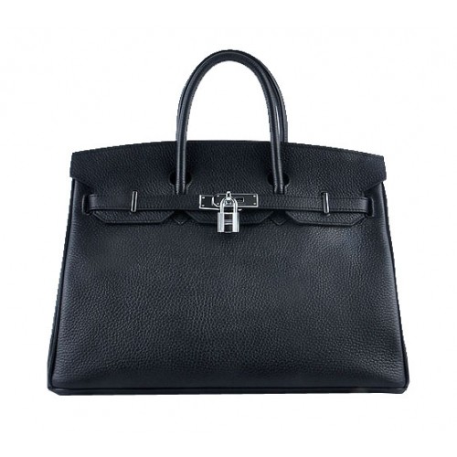 Hermes Birkin 35CM Tote Bag Negro Granulado Cuero Plata