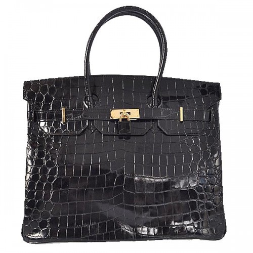 Hermes Birkin 35CM Tote Bag Negro Iridescent Croco Leather Gold