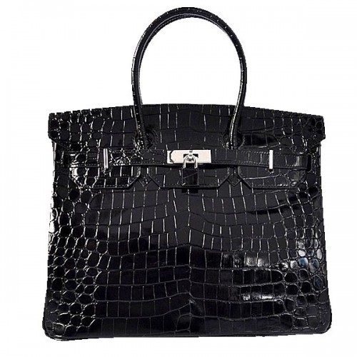 Hermes Birkin 35CM Tote Bag Negro Iridescent Croco Cuero Plata