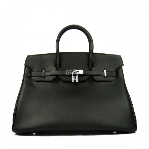 Hermes Birkin 35CM Tote Bag Negro Cuero Liso H6089 Plata