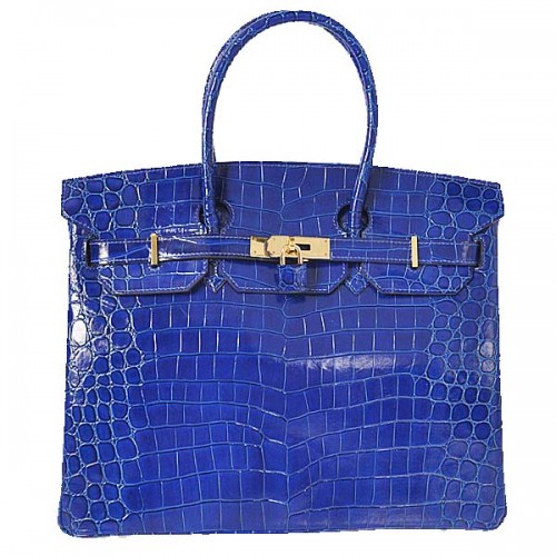 Hermes Birkin 35CM bolso de mano azul cuero de cocodrilo iridiscente oro