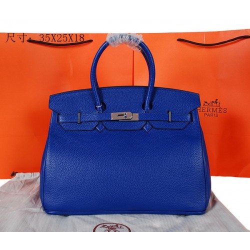 Hermes Birkin 35CM Tote Bag Azul Original Granulado Cuero H35 Plata