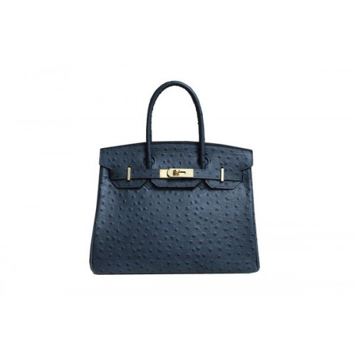 Hermes Birkin 35CM bolso de mano azul oscuro cuero de avestruz BK35 Oro