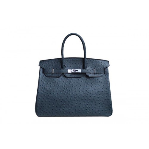 Hermes Birkin 35CM bolso de mano azul oscuro cuero de avestruz BK35 plata