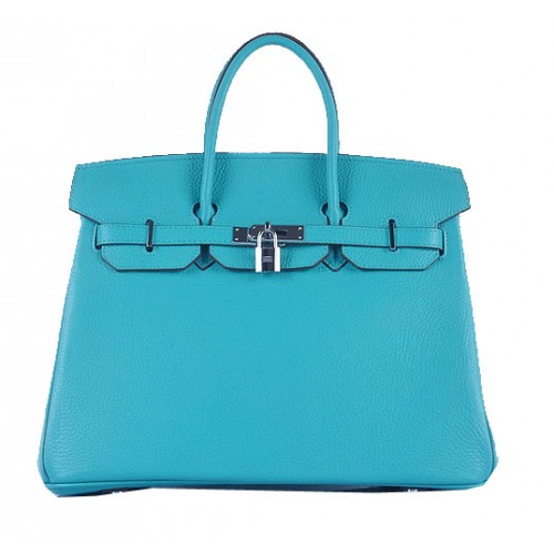 Hermes Birkin 35CM Tote Bag Azul Claro Cuero Granulado Plata