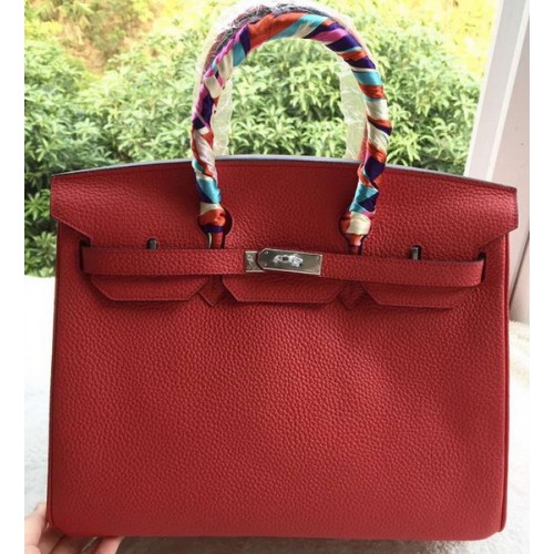 Hermes Birkin 35CM Tote Bag Red Litchi Leather BK35 Plata