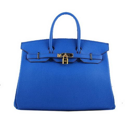 Hermes Birkin 35CM Tote Bolsas Azul Granulado Cuero H-35 Oro