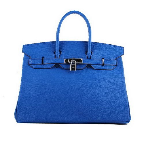Hermes Birkin 35CM Tote Bolsas Azul Granulado Cuero H-35 Plata