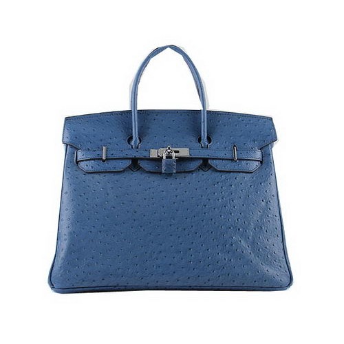Hermes Birkin 35CM Tote Bolsas de cuero de avestruz azul H6089 Plata