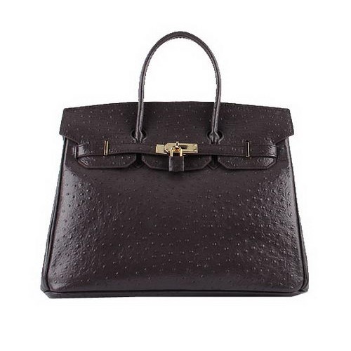 Hermes Birkin 35CM Tote Bolsas de cuero de avestruz marrón oscuro H6089 oro