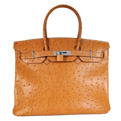 Hermes Birkin 35CM Tote Bolsas Avestruz Togo Cuero Ocre Plata