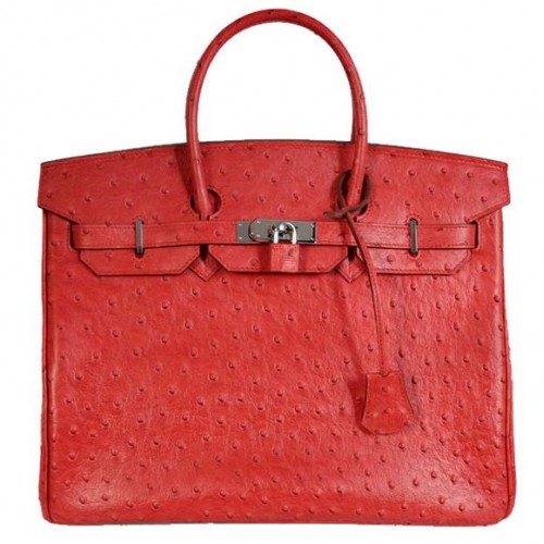 Hermes Birkin 35CM Tote Bolsas Avestruz Togo Cuero Rojo Plata