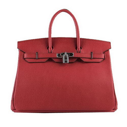 Hermes Birkin 35CM Bolsos Tote Cuero Granulado Rojo H-35 Plata