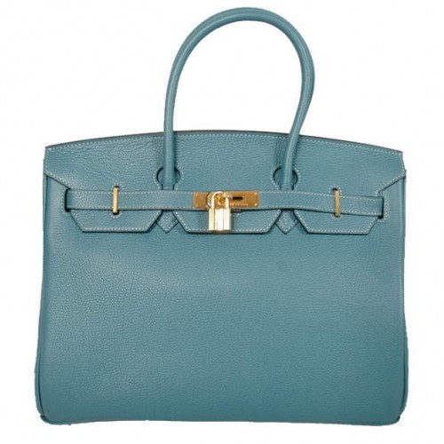 Hermes Birkin 35CM Tote Bolsas Liso Togo Cuero Azul Dorado
