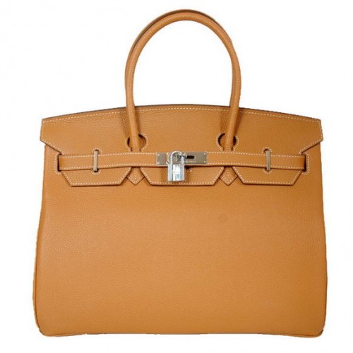 Hermes Birkin 35CM Tote Bolsas Liso Togo Cuero Camello Plata