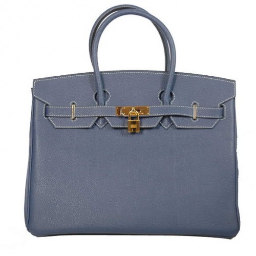 Hermes Birkin 35CM Tote Bolsas Liso Togo Cuero Azul Oscuro Dorado