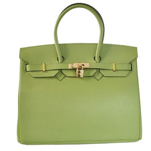 Hermes Birkin 35CM Tote Bolsas Liso Togo Cuero Verde Dorado