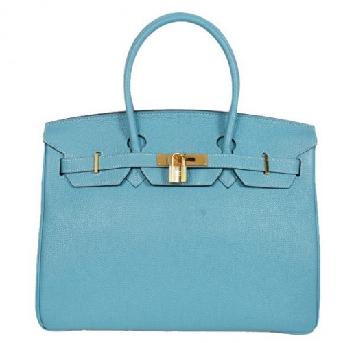 Hermes Birkin 35CM Tote Bolsas Liso Togo Cuero Azul Claro Dorado