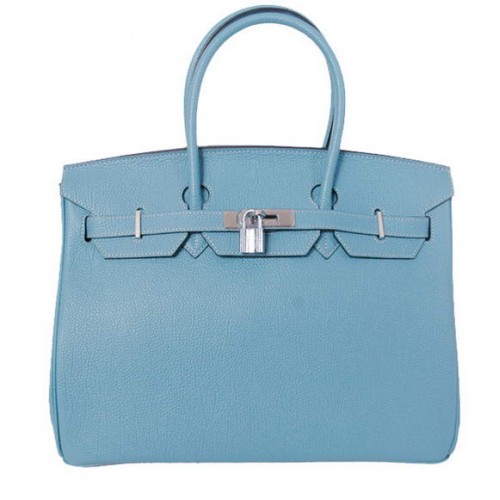 Hermes Birkin 35CM Tote Bolsas Liso Togo Cuero Azul Claro Plata