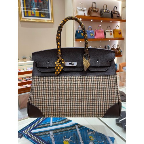 Bolso Hermes Birkin Cuero Original 35CM 17888 Pata de Gallo Marrón Oscuro