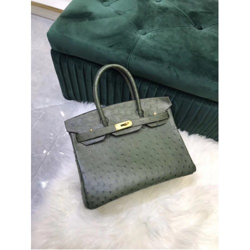 Bolso Hermes Birkin Piel de avestruz original HBK2530 verde negruzco