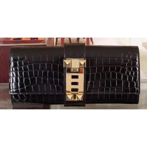 Hermes Croco Cuero Embrague H88017 Negro