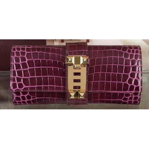 Hermes Croco Cuero Embrague H88017 Púrpura