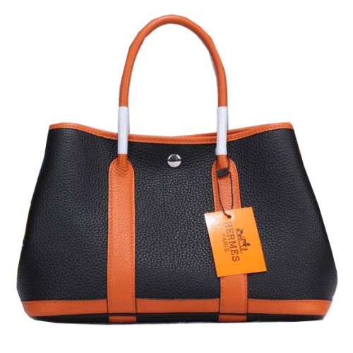 Hermes Garden Party 30cm bolsos tote cuero granulado negro y naranja