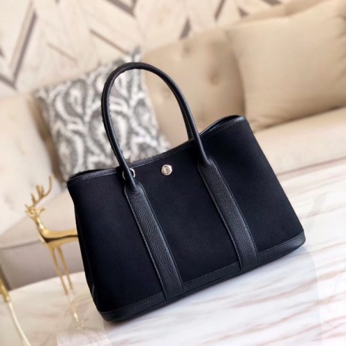 Hermes Garden Party 36cm Bolsas de asas de cuero original A3698 Negro