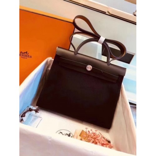 Hermes Herbag 31CM Lona Original Piel De Becerro 45987 Negro