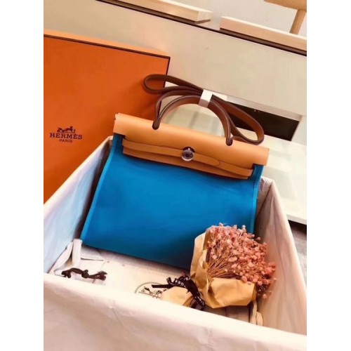 Hermes Herbag 31CM Lona original Piel de becerro 45987 Azul y albaricoque