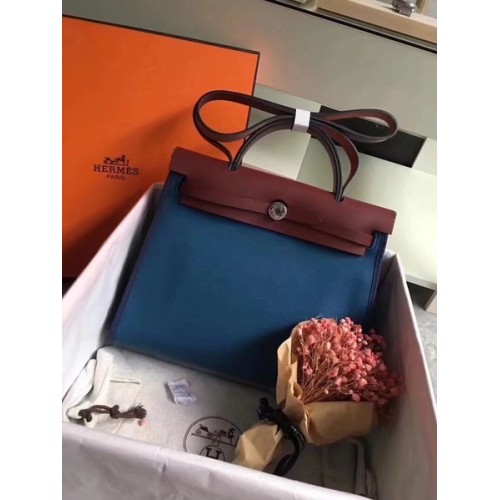 Hermes Herbag 31CM Lona original Piel de becerro 45987 Azul y vino