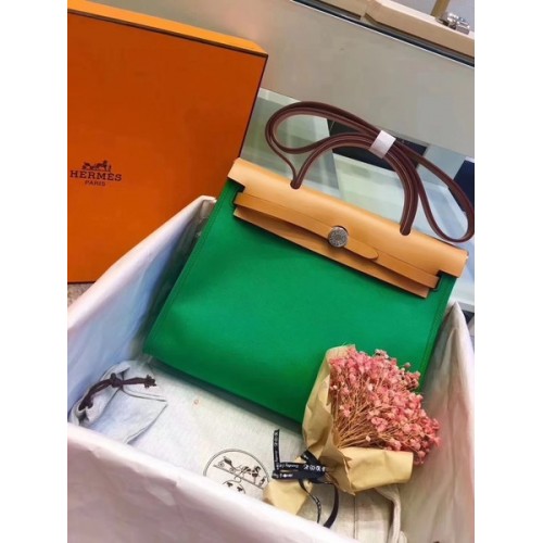 Hermes Herbag 31CM Lona original Piel de becerro 45987 Verde y albaricoque
