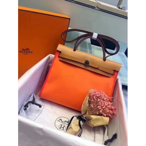 Hermes Herbag 31CM Lona original Piel de becerro 45987 Naranja y marrón