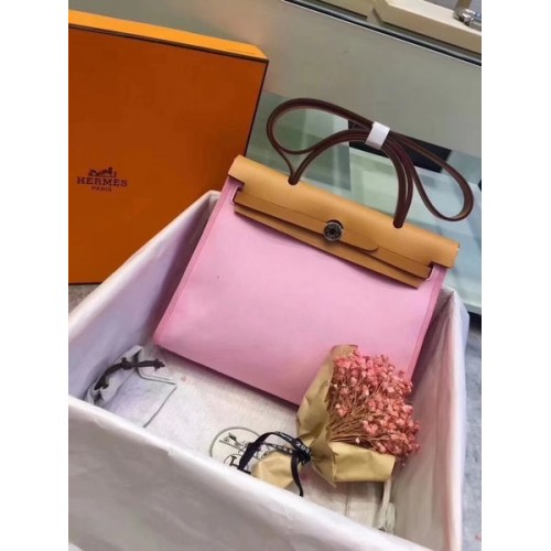 Hermes Herbag 31CM Lona original Piel de becerro 45987 Rosa y albaricoque