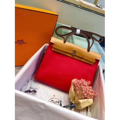 Hermes Herbag 31CM Lona original Piel de becerro 45987 Rojo y albaricoque