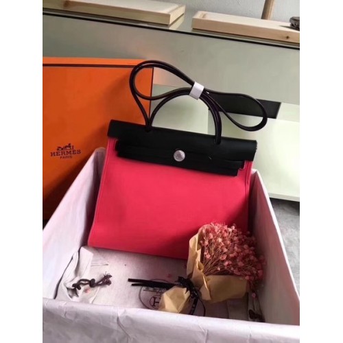 Hermes Herbag 31CM Lona original Piel de becerro 45987 Rojo y negro