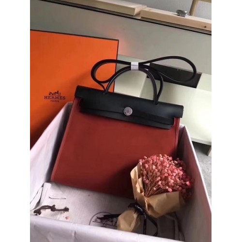 Hermes Herbag 31CM Lona original Piel de becerro 45987 Vino y negro