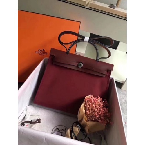 Hermes Herbag 31CM Lona original Piel de becerro 45987 Vino