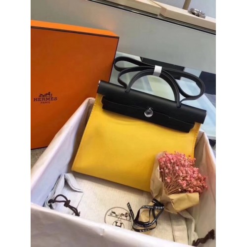 Hermes Herbag 31CM Lona original Piel de becerro 45987 Amarillo y negro